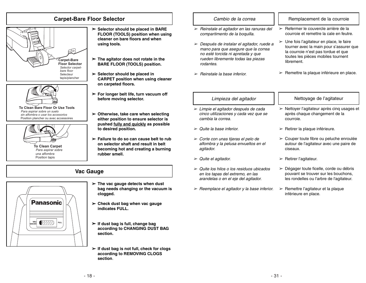 Carpet-bare floor selector, Vac gauge | Panasonic MC-V5278 User Manual | Page 18 / 48