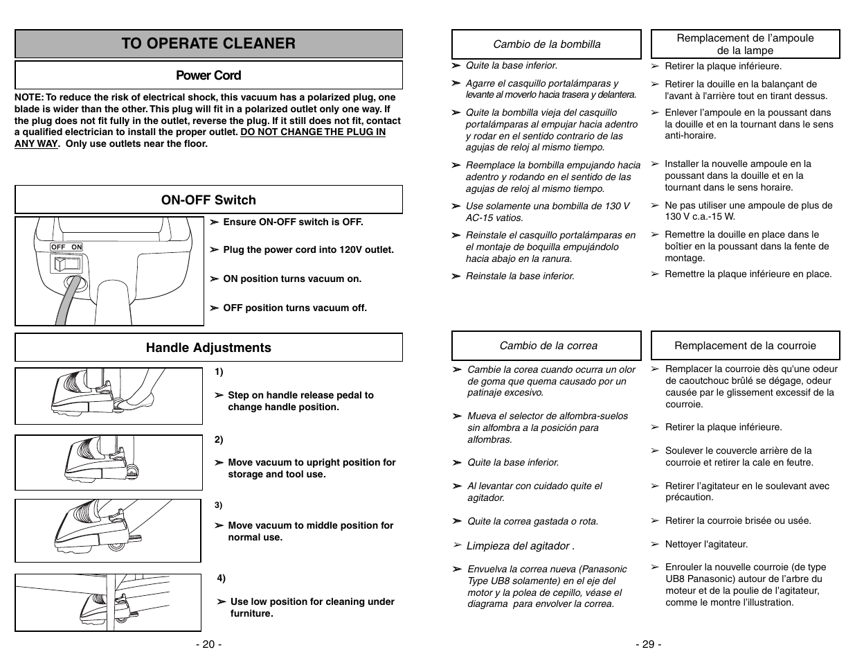 To operate cleaner, Power cord, On-off switch | Handle adjustments | Panasonic MC-V5278 User Manual | Page 20 / 48