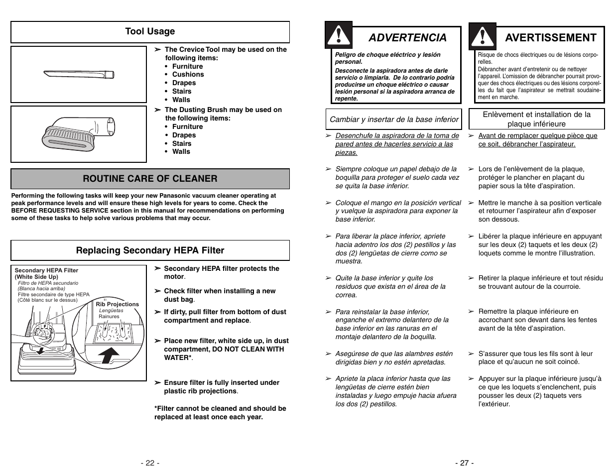 Using tools, Routine care of cleaner, Replacing secondary hepa filter | Advertencia, Avertissement, Tool usage | Panasonic MC-V5278 User Manual | Page 22 / 48