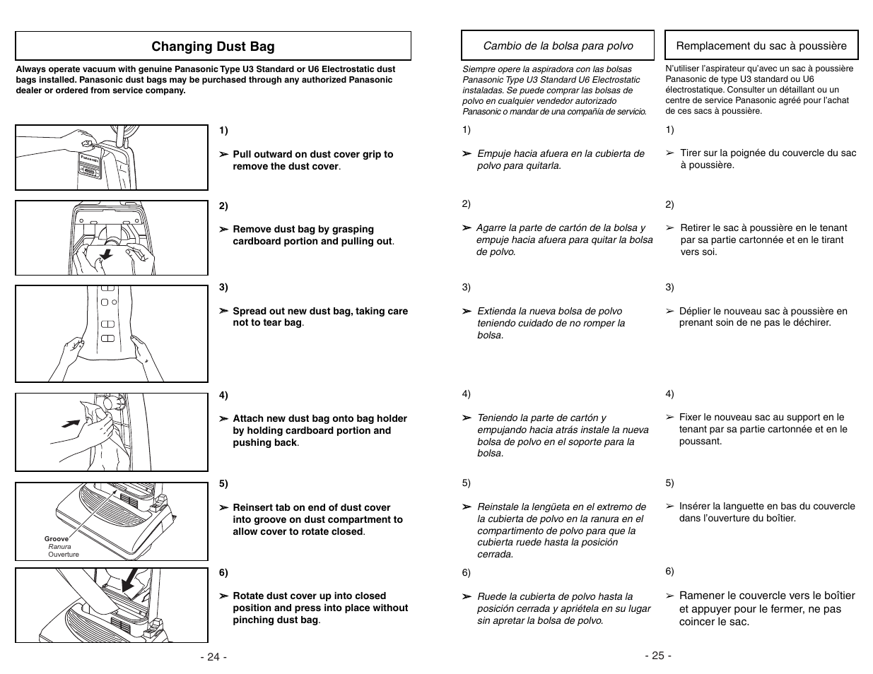 Changing dust bag, Car pet bar efl oor (to ols ) | Panasonic MC-V5278 User Manual | Page 24 / 48