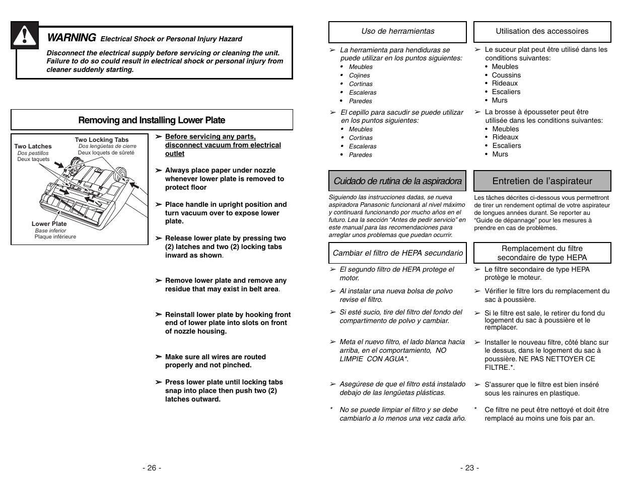 Removing and installing lower plate, Warning | Panasonic MC-V5278 User Manual | Page 26 / 48