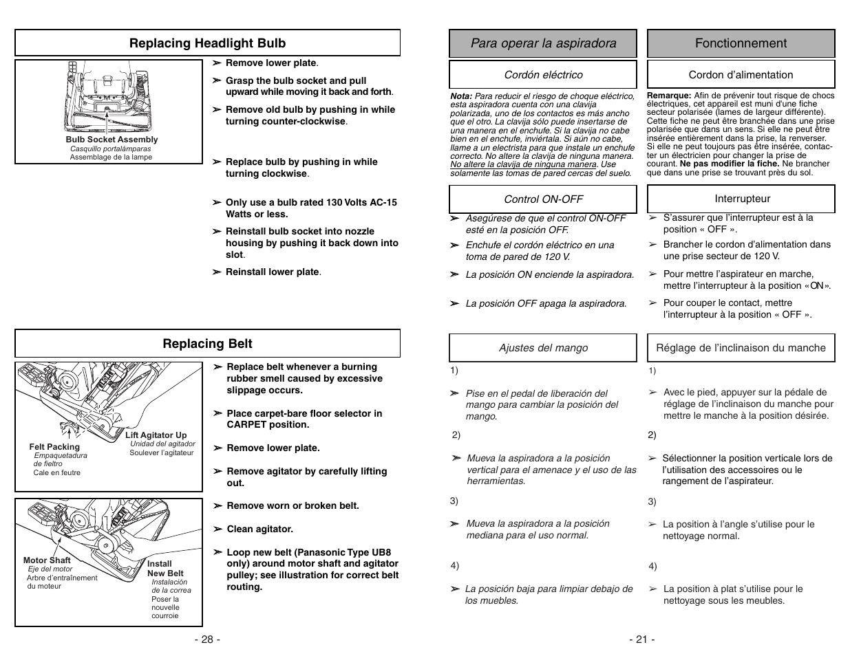 Replacing headlight bulb, Replacing belt, Para operar la aspiradora fonctionnement | Panasonic MC-V5278 User Manual | Page 28 / 48