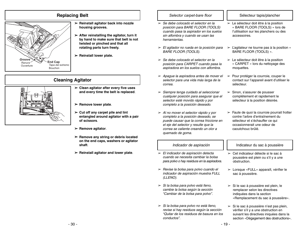 Cleaning agitator, Replacing belt | Panasonic MC-V5278 User Manual | Page 30 / 48