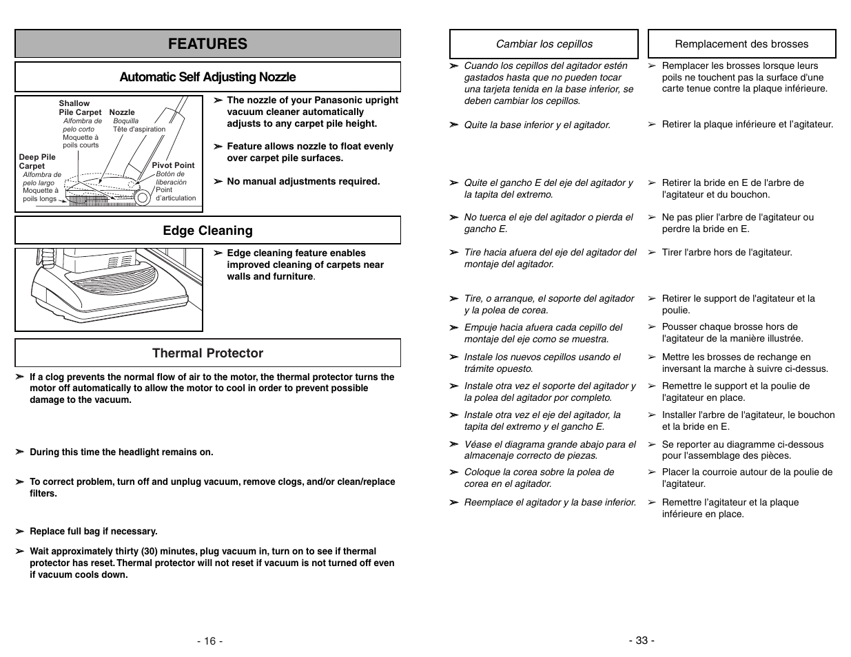 Cambiar los cepillos, Remplacement des brosses, Features | Thermal protector, Edge cleaning, Automatic self adjusting nozzle | Panasonic MC-V5278 User Manual | Page 33 / 48