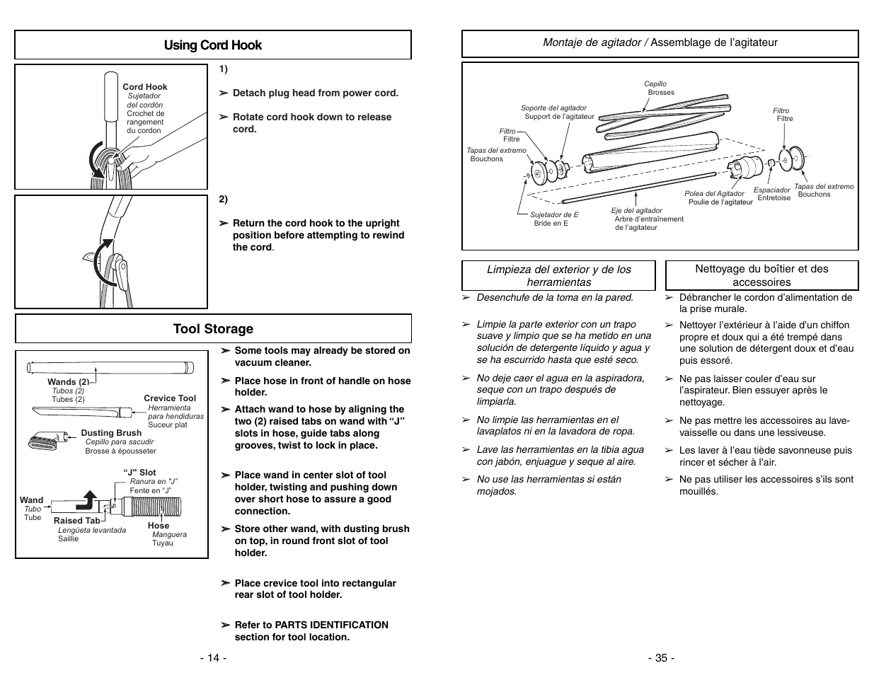 Montaje de agitador, Limpieza del exterior y de los herramientas, Assemblage de l'agitateur | Nettoyage du boitier et des accessoires, Using cord hook tool storage | Panasonic MC-V5278 User Manual | Page 35 / 48
