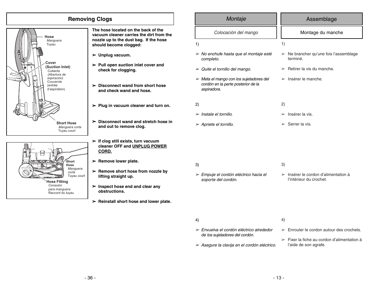 Removing clogs, Montaje assemblage | Panasonic MC-V5278 User Manual | Page 36 / 48