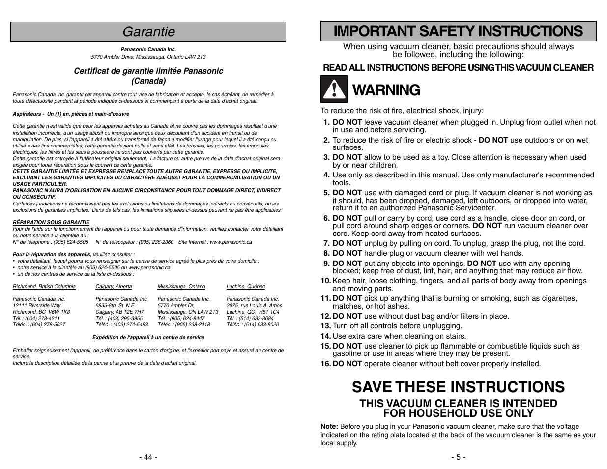 Garantie, Warning, Save these instructions | Important safety instructions | Panasonic MC-V5278 User Manual | Page 44 / 48