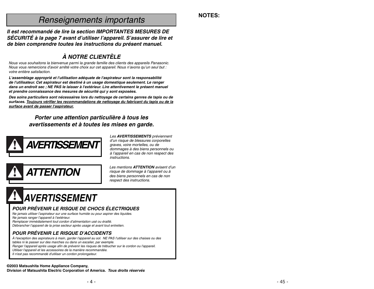 Attention, Avertissement, Renseignements importants | Panasonic MC-V5278 User Manual | Page 45 / 48