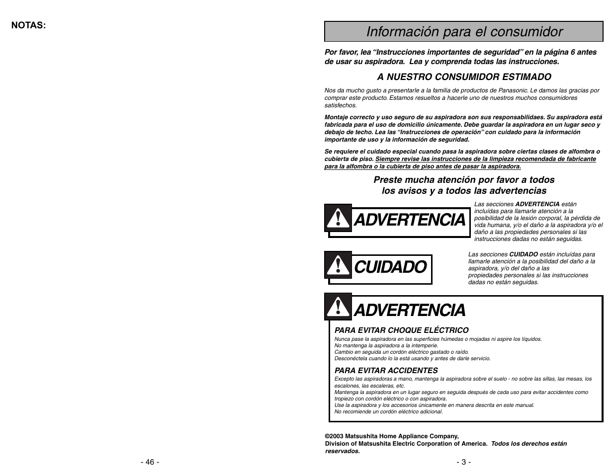 Advertencia, Cuidado, Información para el consumidor | Panasonic MC-V5278 User Manual | Page 46 / 48