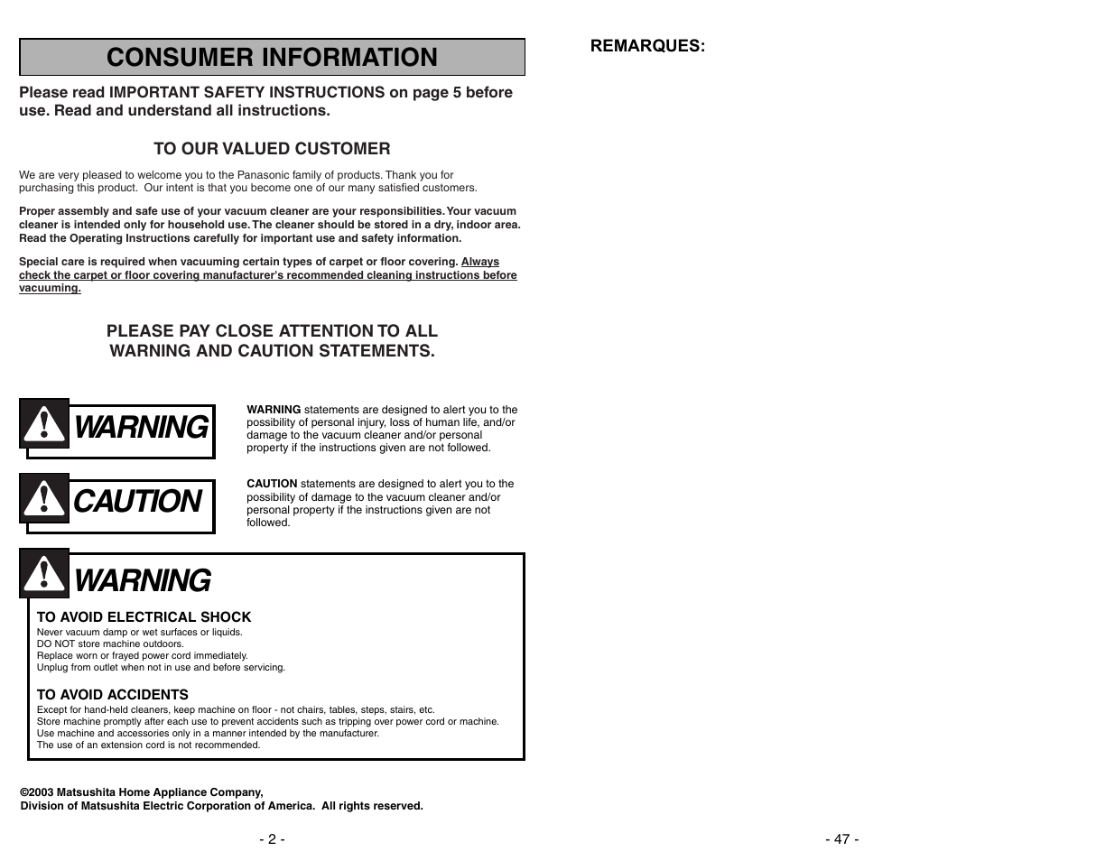Warning, Caution, Consumer information | Panasonic MC-V5278 User Manual | Page 47 / 48