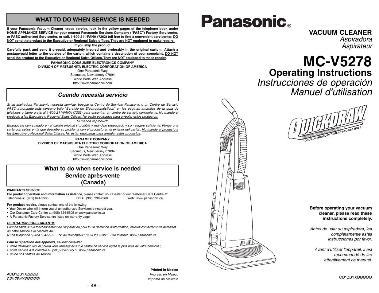What to do when service is needed, Cuando necesita servicio, Service apres-vente | Mc-v5278, Aspiradora aspirateur, Vacuum cleaner | Panasonic MC-V5278 User Manual | Page 48 / 48