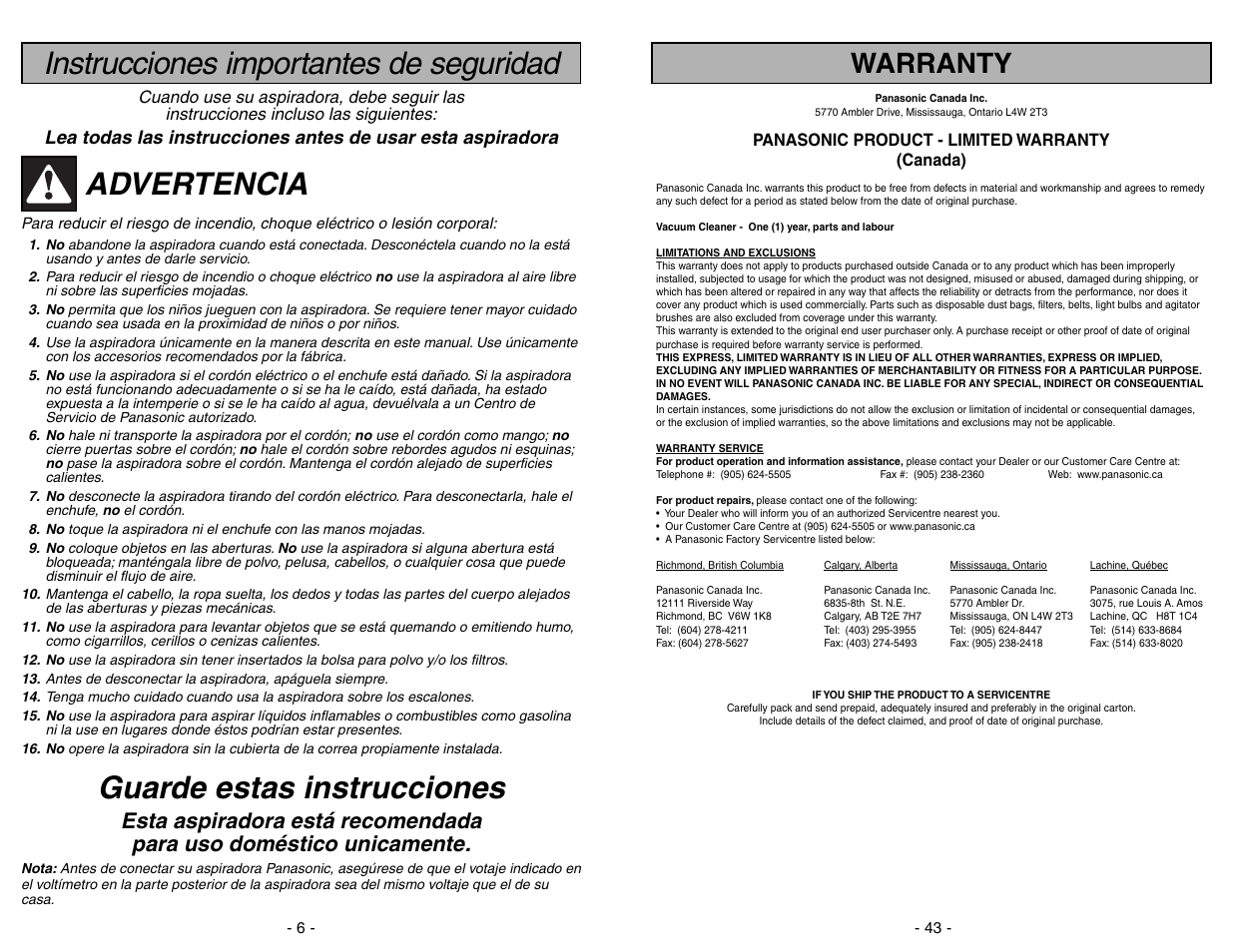 Instrucciones importantes de seguridad, Advertencia, Guarde estas instrucciones | Warranty | Panasonic MC-V5278 User Manual | Page 6 / 48
