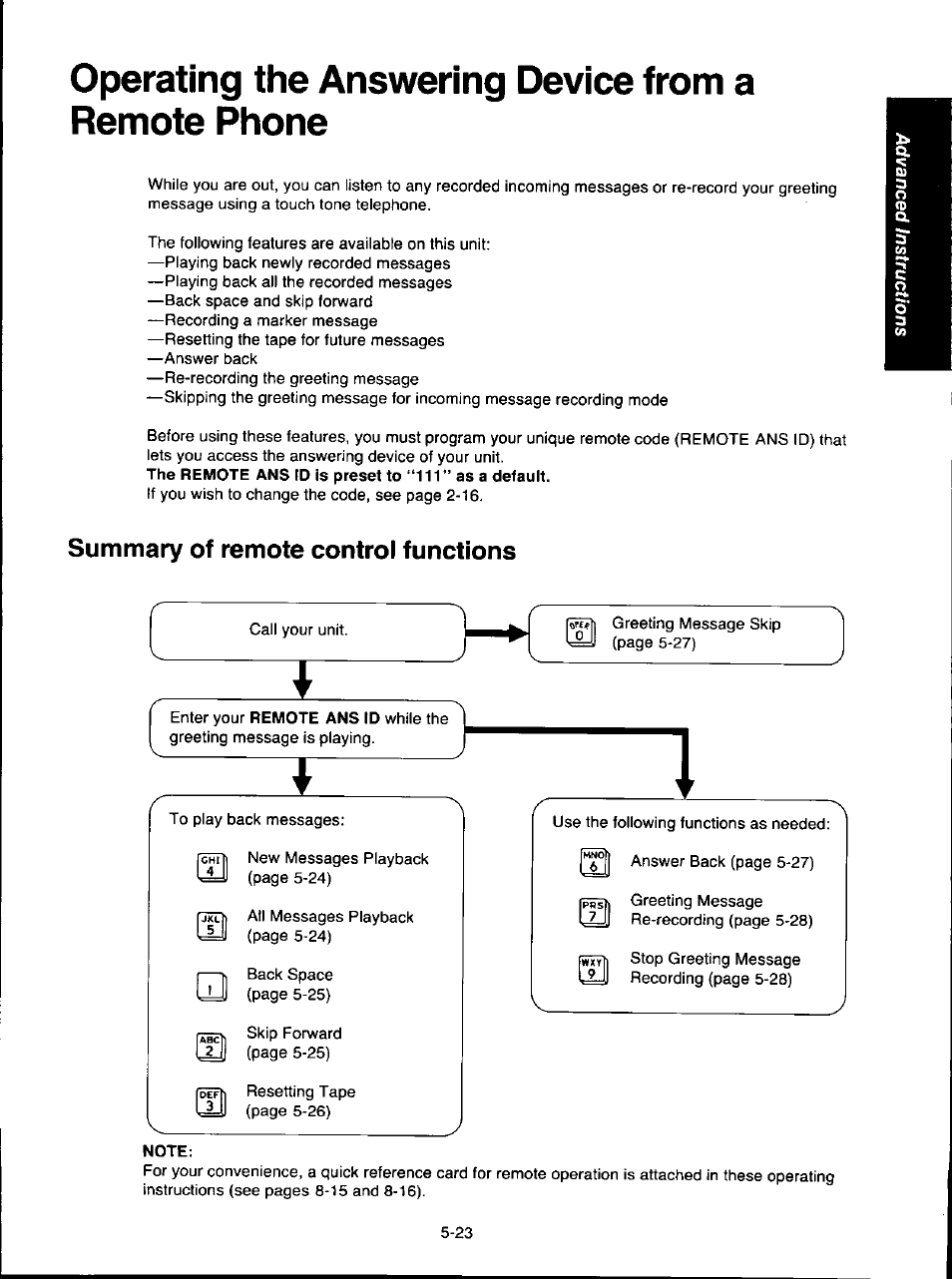 Operating the answering device from a remote phone, Summary of remote control functions, Note | Summary of remote control functions -23 | Panasonic KX-F280C User Manual | Page 101 / 152