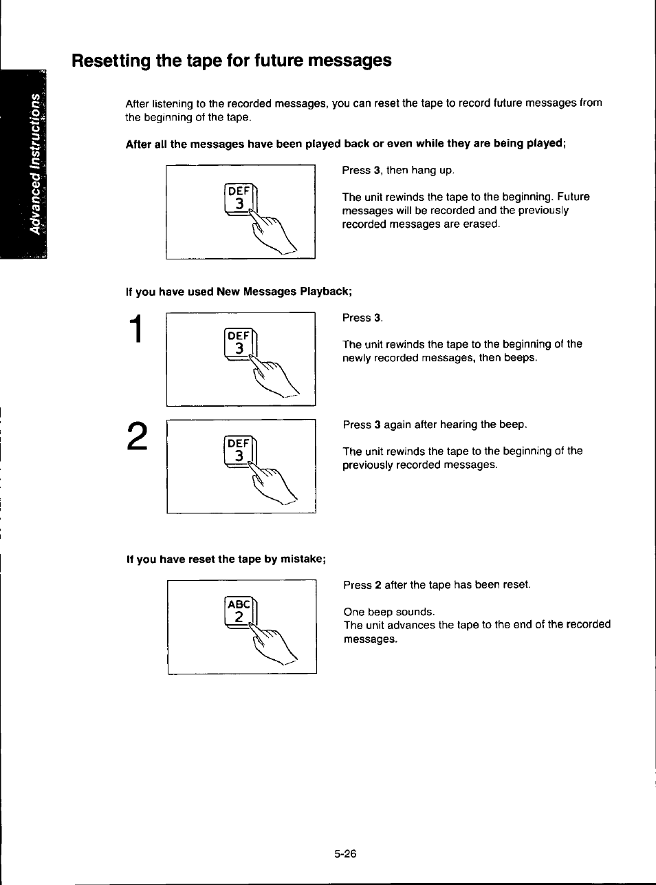 Resetting the tape for future messages, If you have reset the tape by mistake, Resetting the tape for future messages -26 | Panasonic KX-F280C User Manual | Page 104 / 152