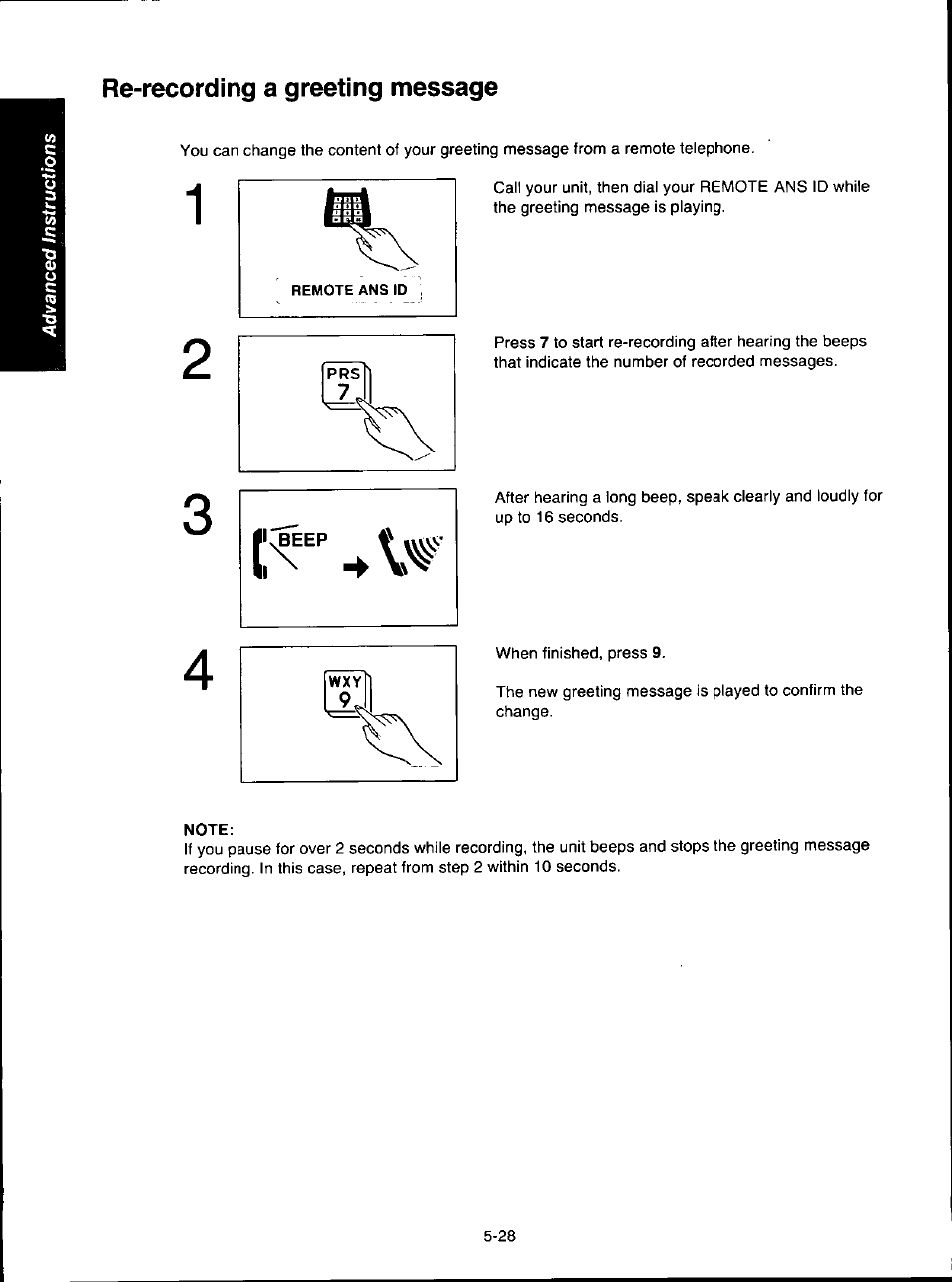 Re-recording a greeting message, Note, Re-recording a greeting message -28 | Panasonic KX-F280C User Manual | Page 106 / 152