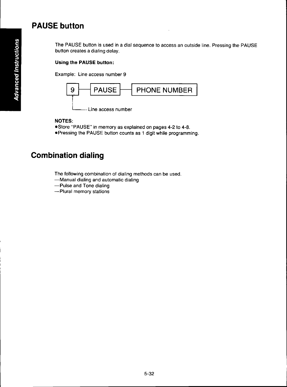Pause button, Using the pause button, Notes | Combination dialing, Pause button -32 combination dialing -32 | Panasonic KX-F280C User Manual | Page 110 / 152