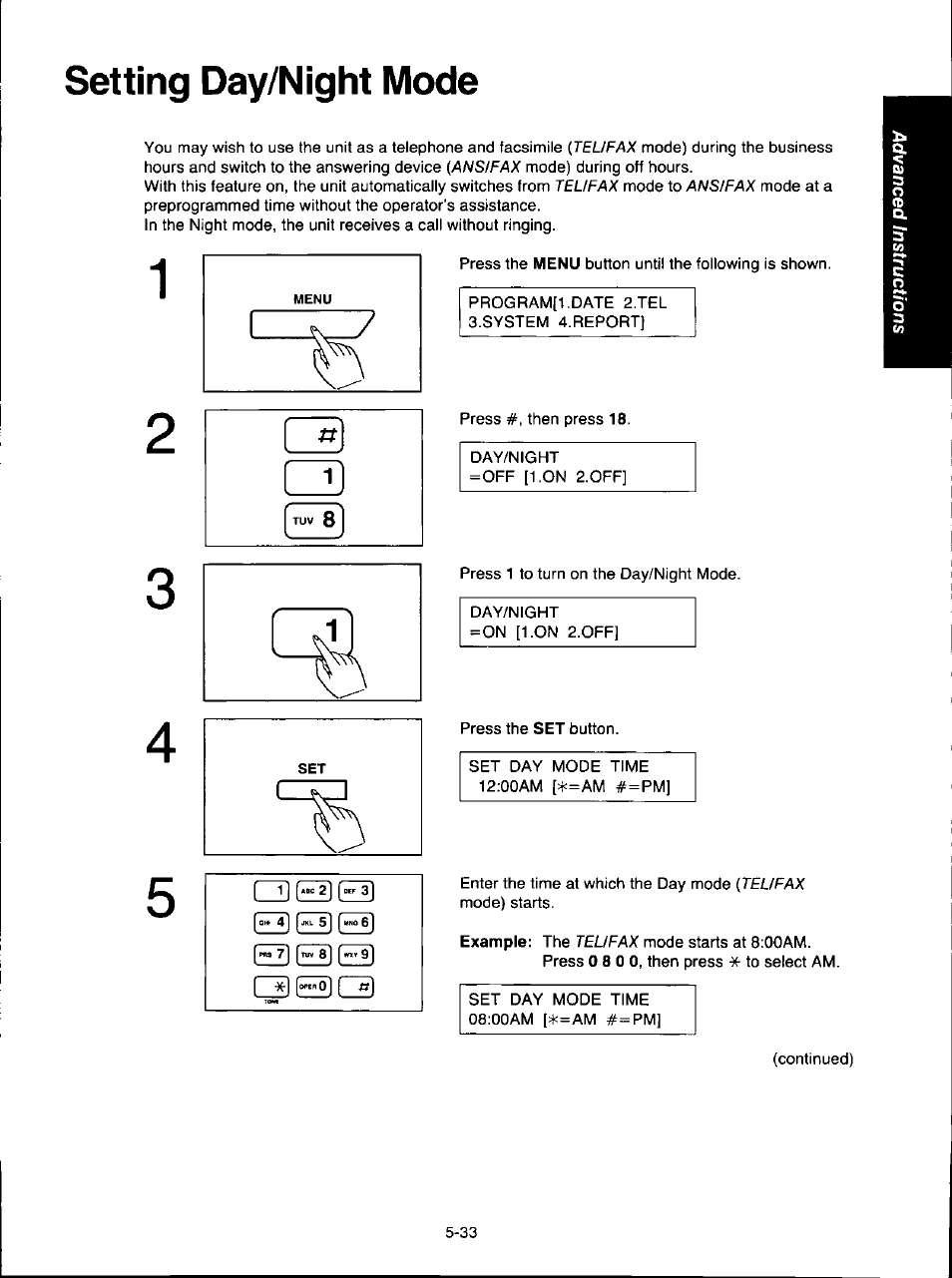 Setting day/night mode, Setting day/night mode -33 | Panasonic KX-F280C User Manual | Page 111 / 152