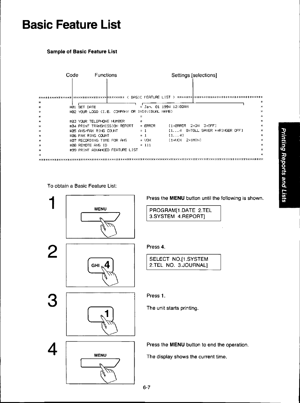 Basic feature list, Sample of basic feature list, Basic feature list -7 | Panasonic KX-F280C User Manual | Page 121 / 152