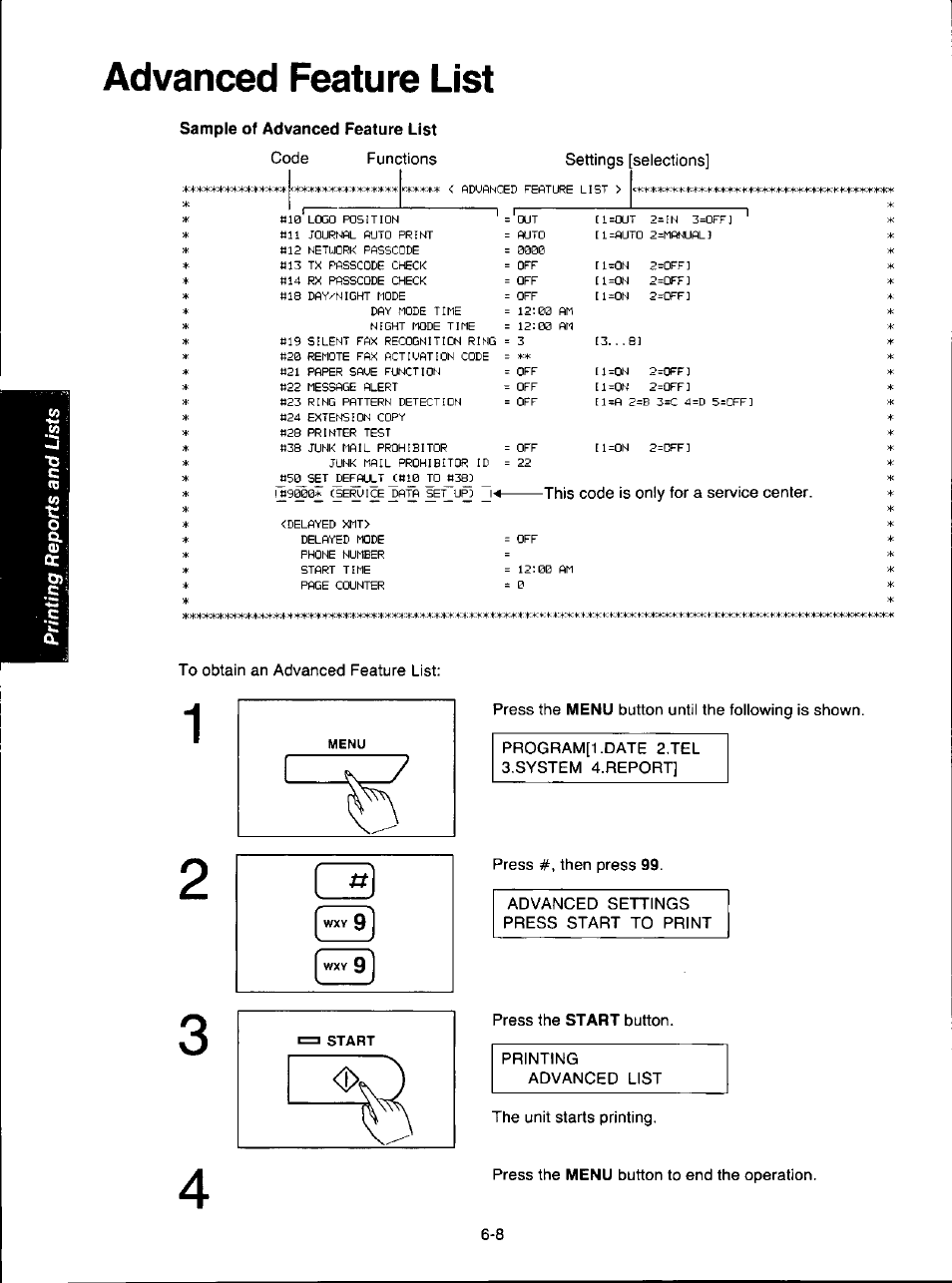 Advanced feature list, Sample of advanced feature list, Advanced feature list -8 | Menu, Start | Panasonic KX-F280C User Manual | Page 122 / 152