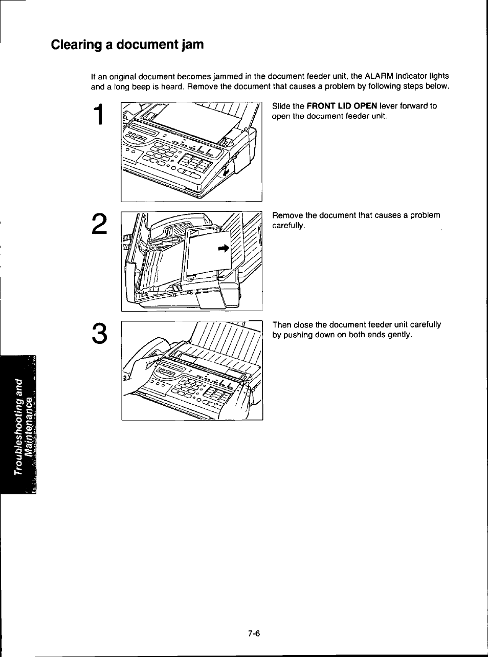 Clearing a document jam, Clearing a document jam -6 | Panasonic KX-F280C User Manual | Page 128 / 152