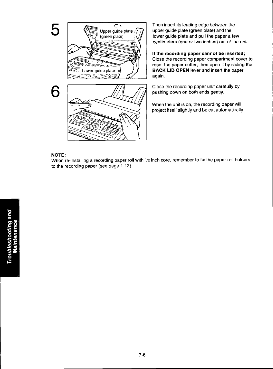 If the recording paper cannot be inserted, Note | Panasonic KX-F280C User Manual | Page 130 / 152
