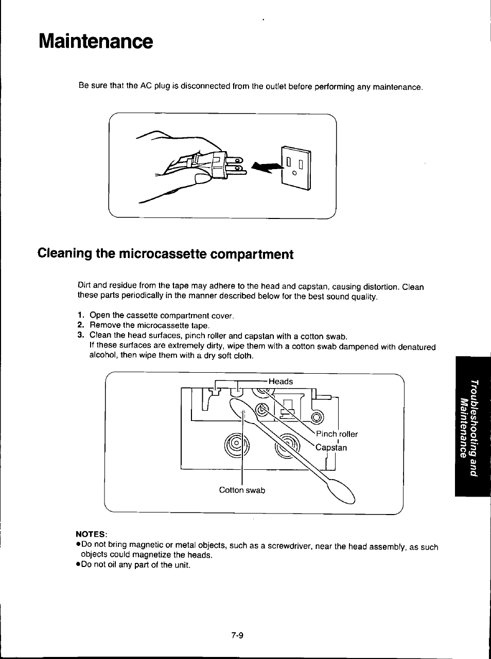 Maintenance, Cleaning the microcassette compartment, Maintenance -9 | Cleaning the microcassette compartment -9 | Panasonic KX-F280C User Manual | Page 131 / 152
