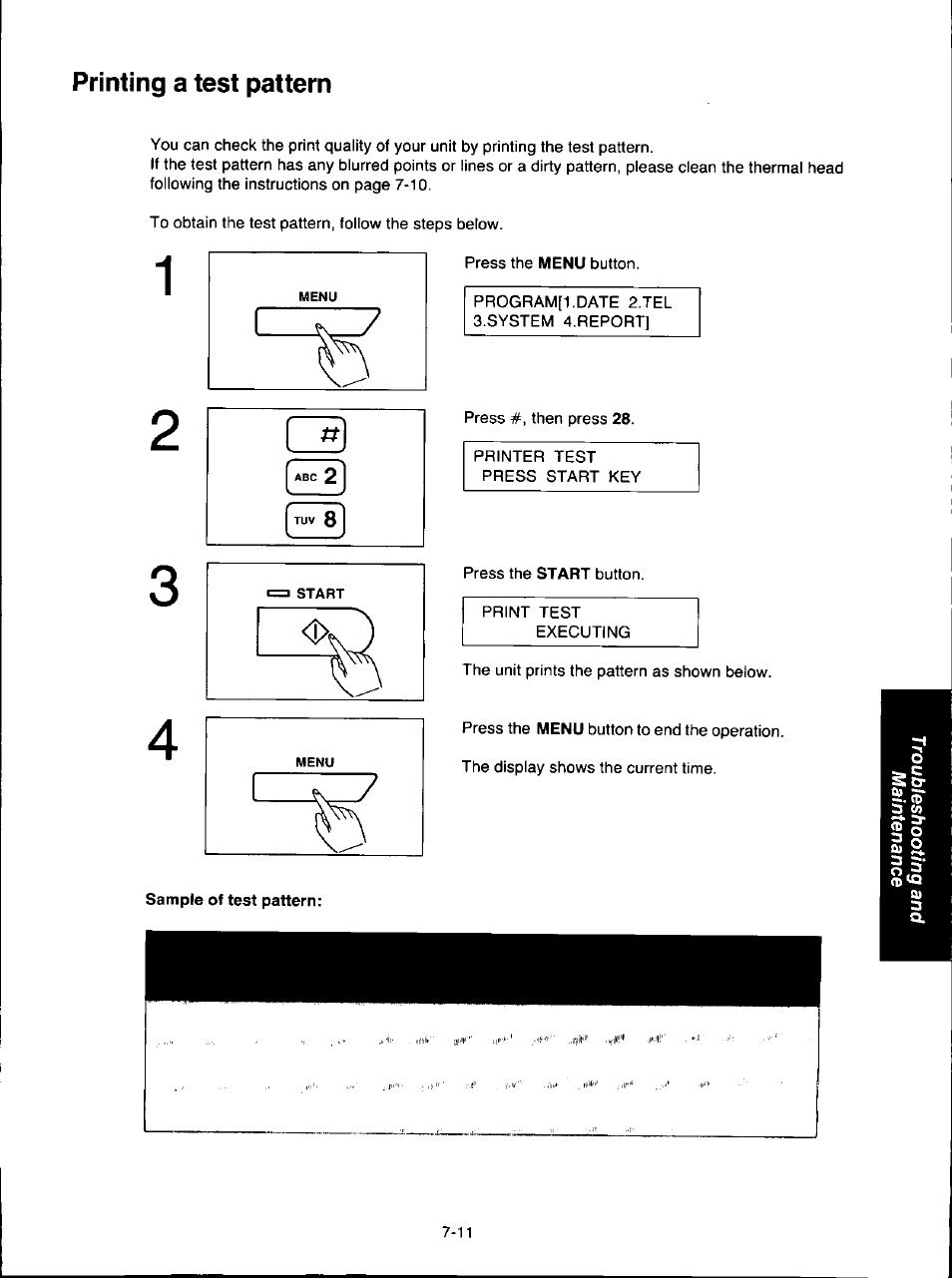 Printing a test pattern, Printing a test pattern -11 | Panasonic KX-F280C User Manual | Page 133 / 152