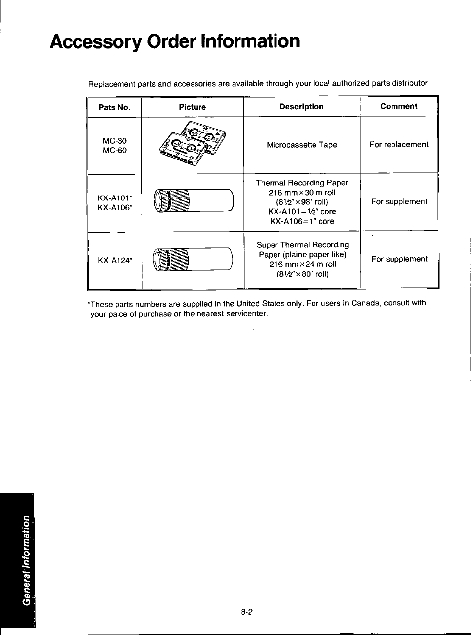 Accessory order information, Accessory order information -2 | Panasonic KX-F280C User Manual | Page 136 / 152