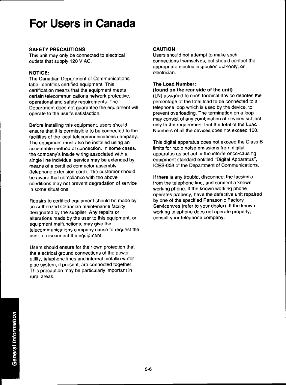 For users in canada, Safety precautions, Notice | Caution, The load number, For users in canada -6 | Panasonic KX-F280C User Manual | Page 140 / 152
