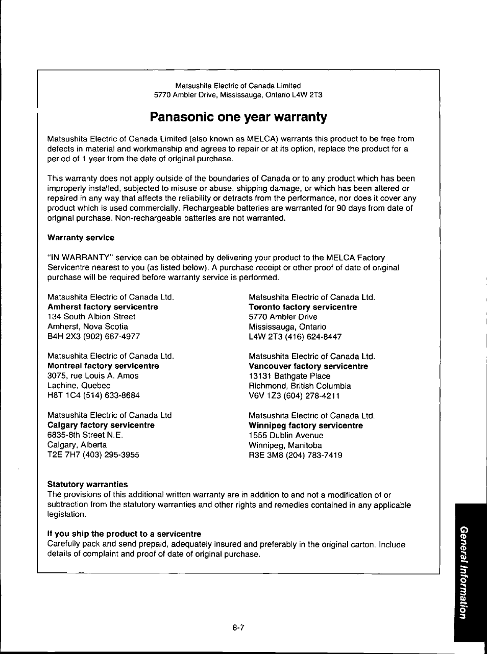 Panasonic one year warranty, Warranty service, Statutory warranties | If you ship the product to a servicentre | Panasonic KX-F280C User Manual | Page 141 / 152