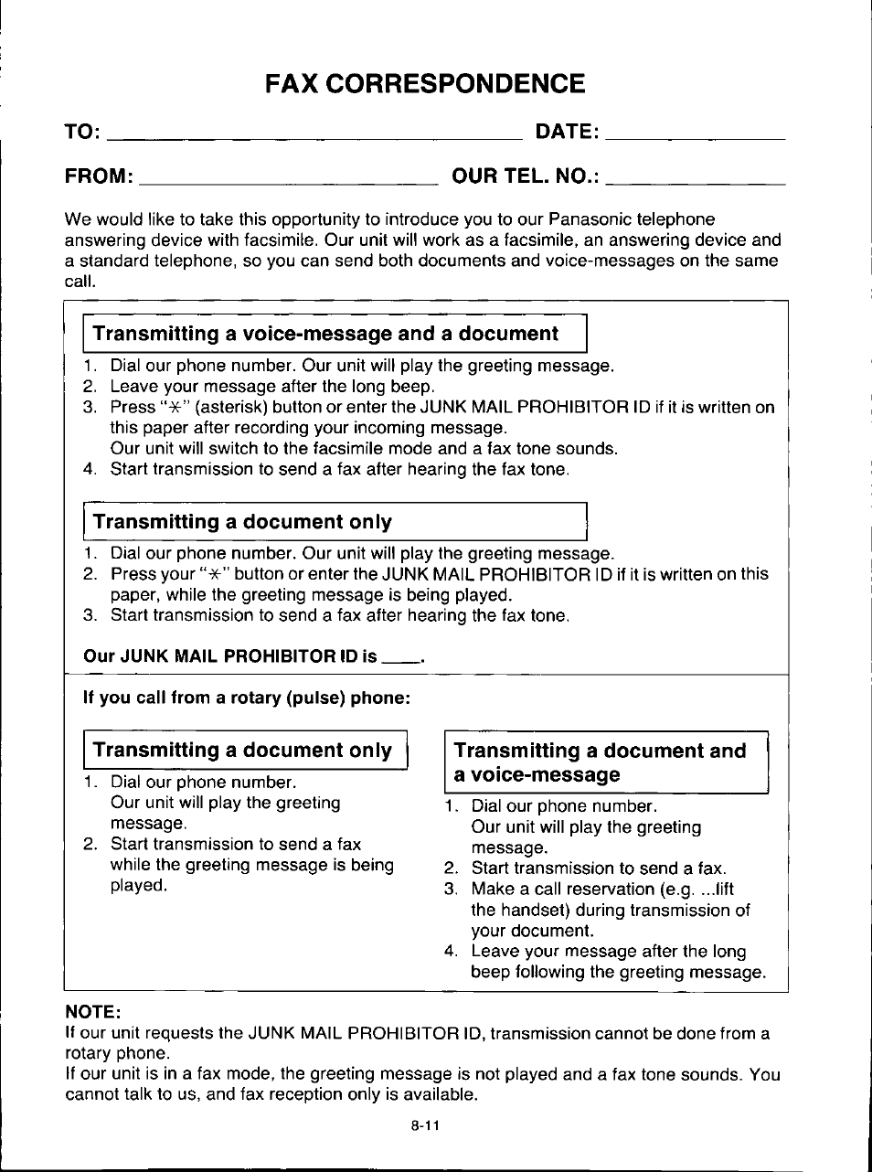 Date, From, Our tel. no | Transmitting a voice-message and a document, Transmitting a document only, Transmitting a document and a voice-message, Fax correspondence, To: date: from: our tel. no | Panasonic KX-F280C User Manual | Page 145 / 152