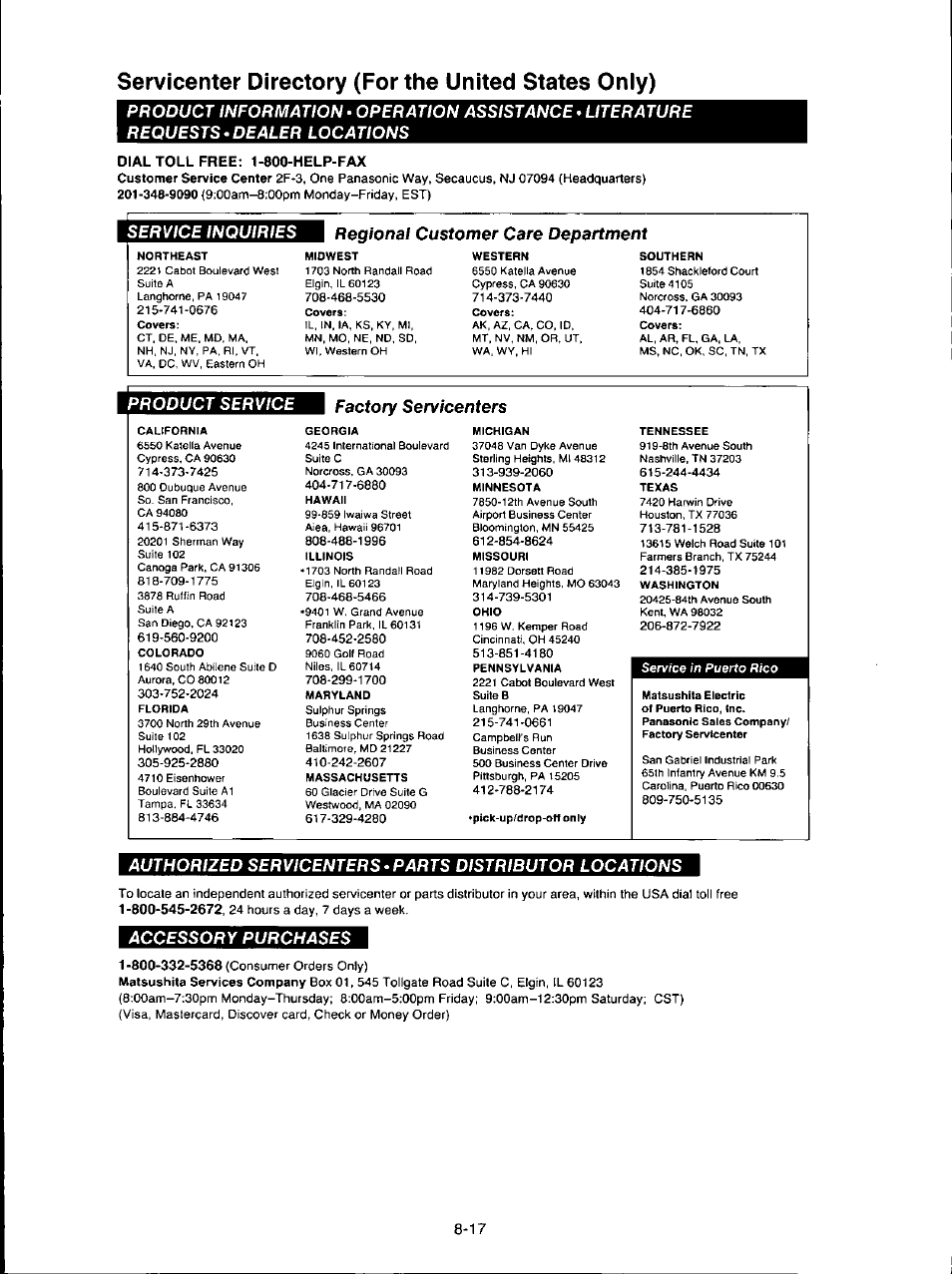 Servicenter directory (for the united states only), Product information, Operation assistance | Literature requests •dealer locations, Product service, Factory serv¡centers, Accessory purchases | Panasonic KX-F280C User Manual | Page 151 / 152