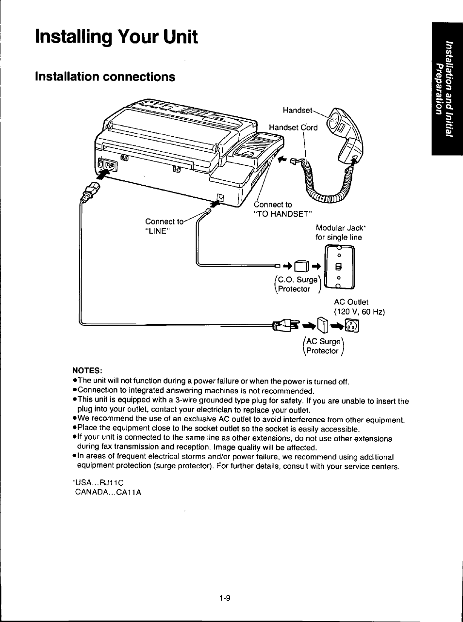 Installing your unit, Installation connections, Installing your unit -9 | Installation connections -9 | Panasonic KX-F280C User Manual | Page 17 / 152