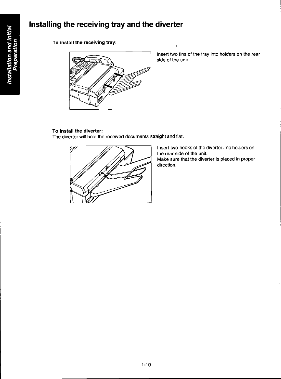 Installing the receiving tray and the diverter, To install the receiving tray, To install the diverter | Installing the receiving tray and the diverter -10 | Panasonic KX-F280C User Manual | Page 18 / 152