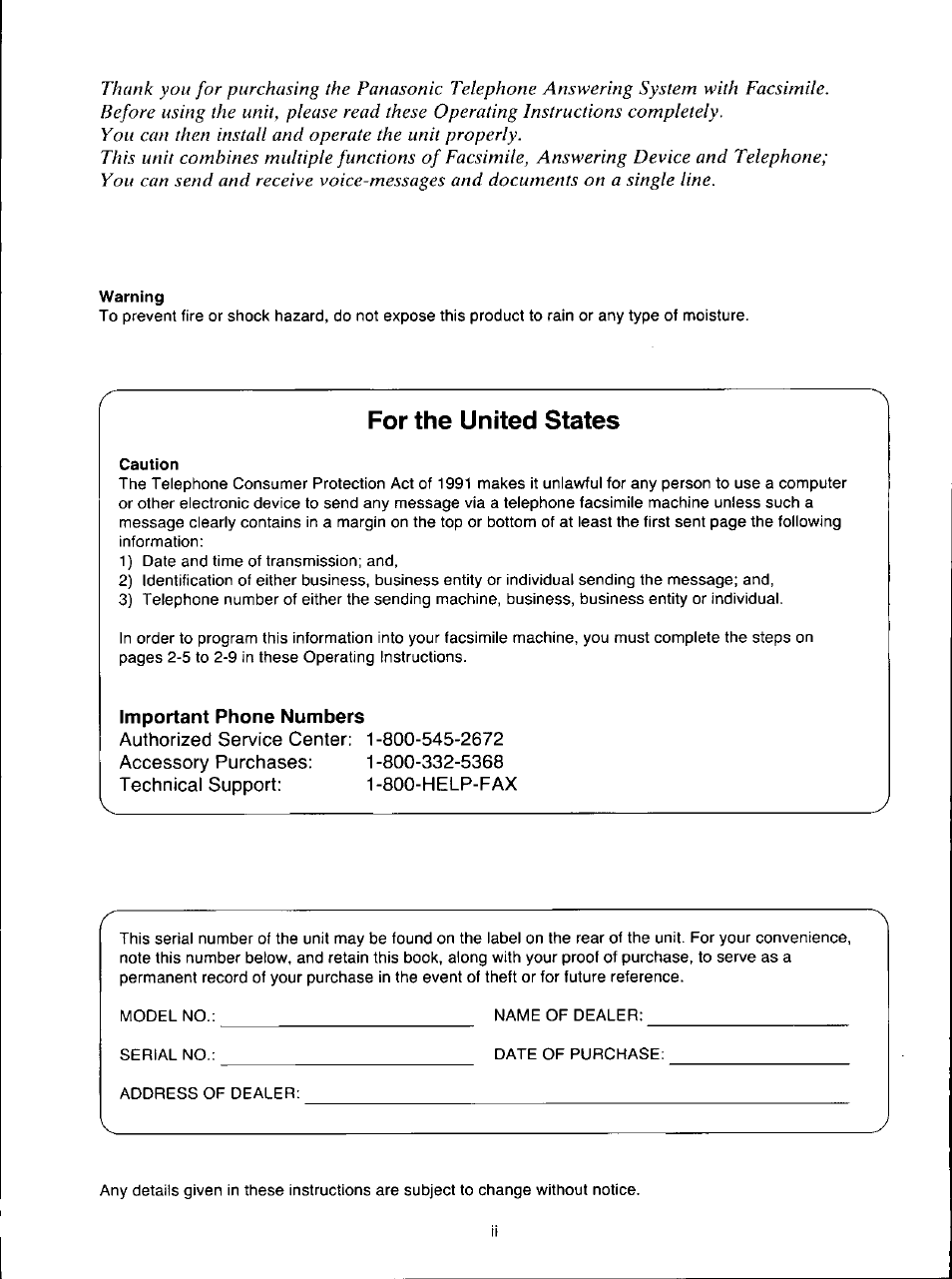 Warning, For the united states, Caution | Important phone numbers | Panasonic KX-F280C User Manual | Page 2 / 152
