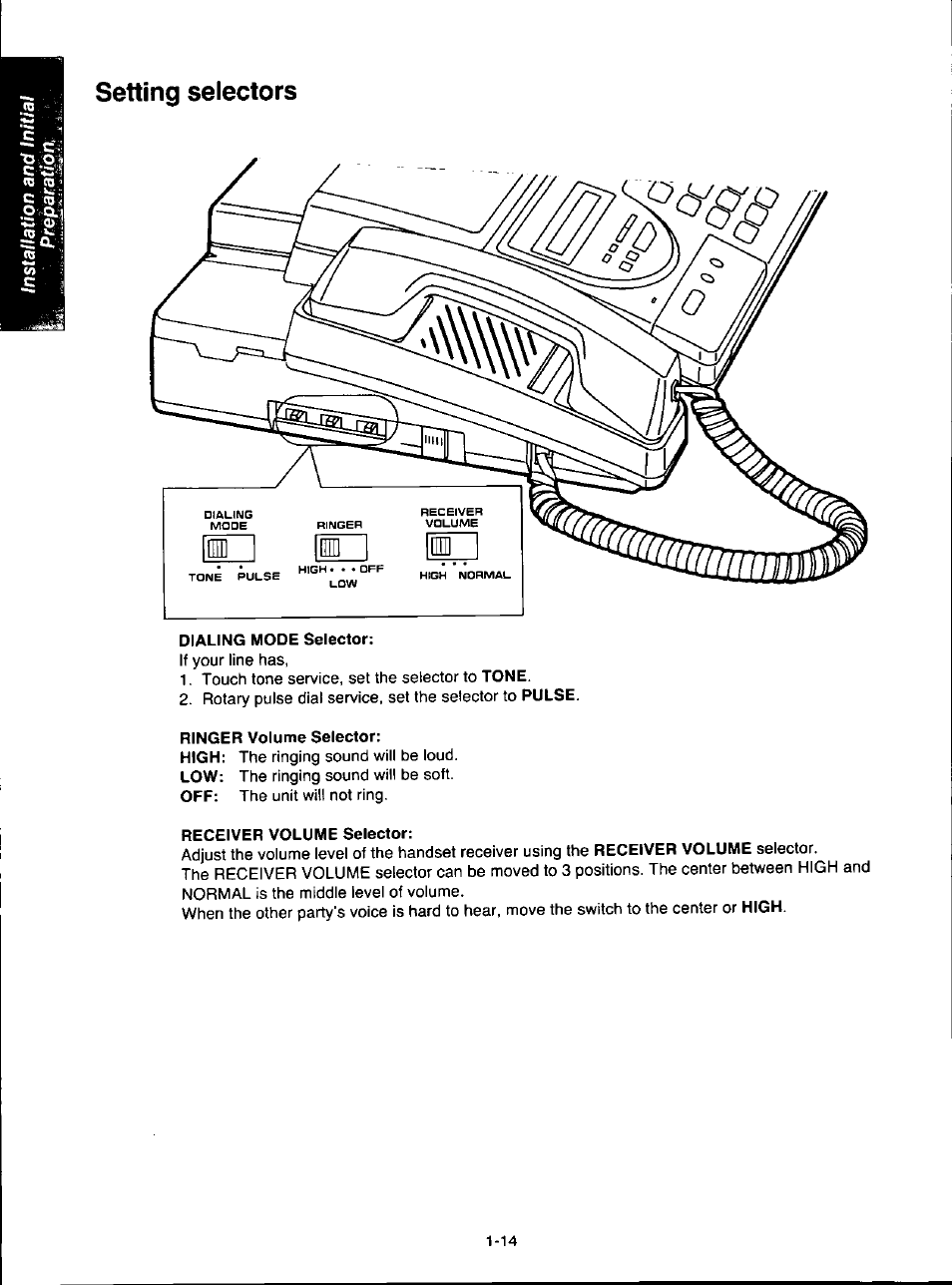 Setting selectors, Dialing mode selector, Ringer volume selector | Receiver volume selector, Setting selectors -14 | Panasonic KX-F280C User Manual | Page 22 / 152