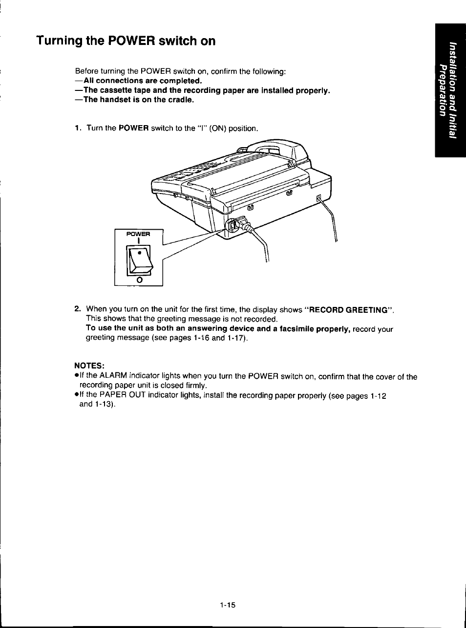 Notes, Turning the power switch on | Panasonic KX-F280C User Manual | Page 23 / 152