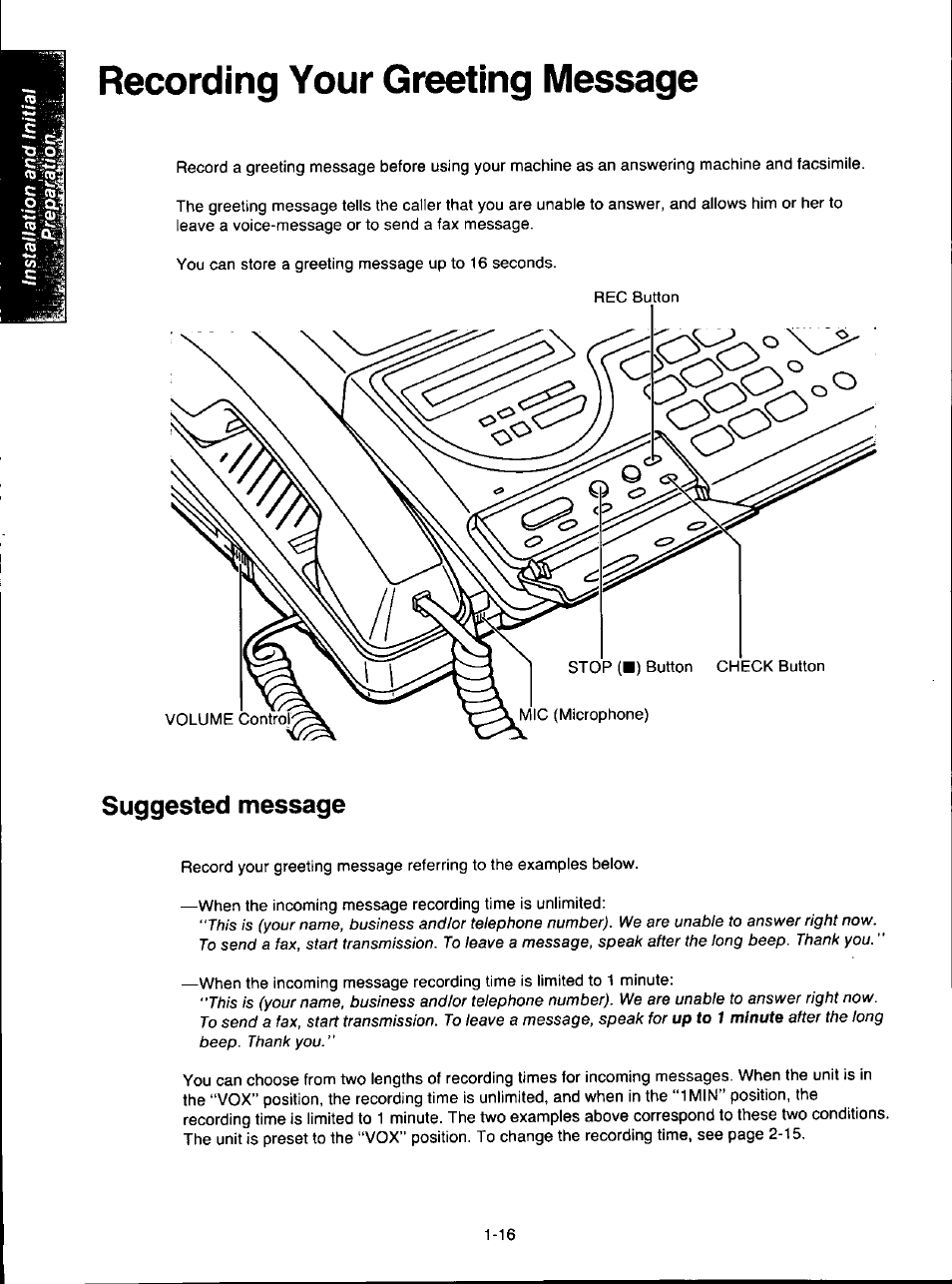 Recording your greeting message, Suggested message, Recording your greeting message -16 | Suggested message -16 | Panasonic KX-F280C User Manual | Page 24 / 152