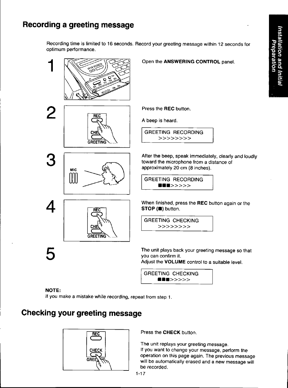 Note, Checking your greeting message, Recording a greeting message -17 | Recording a greeting message | Panasonic KX-F280C User Manual | Page 25 / 152
