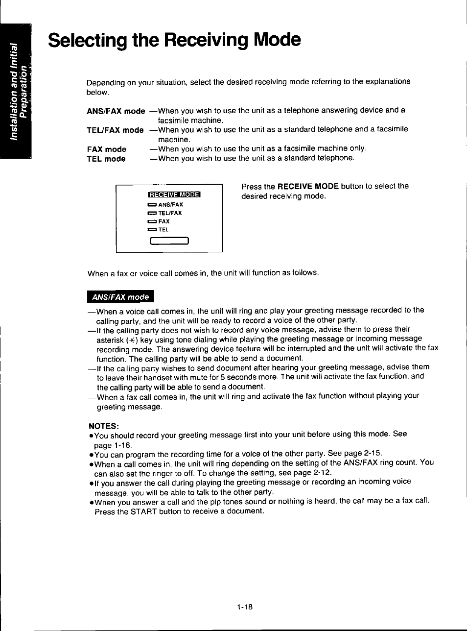 Selecting the receiving mode, Notes, Selecting the receiving mode -18 | Panasonic KX-F280C User Manual | Page 26 / 152