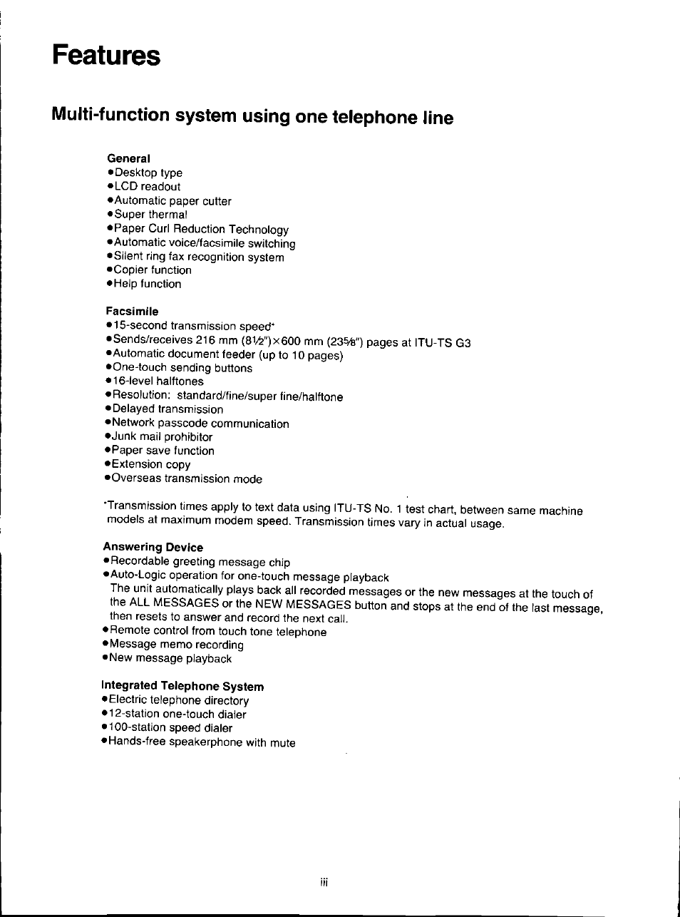 Features, Multi-function system using one telephone line, General | Facsimile, Answering device, Integrated telephone system | Panasonic KX-F280C User Manual | Page 3 / 152