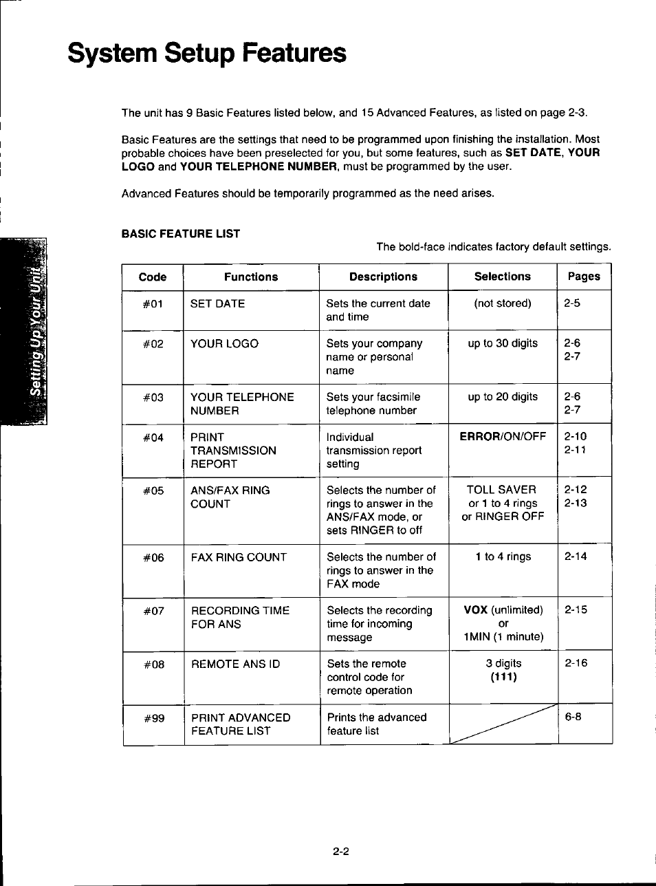 System setup features, Basic feature list | Panasonic KX-F280C User Manual | Page 30 / 152