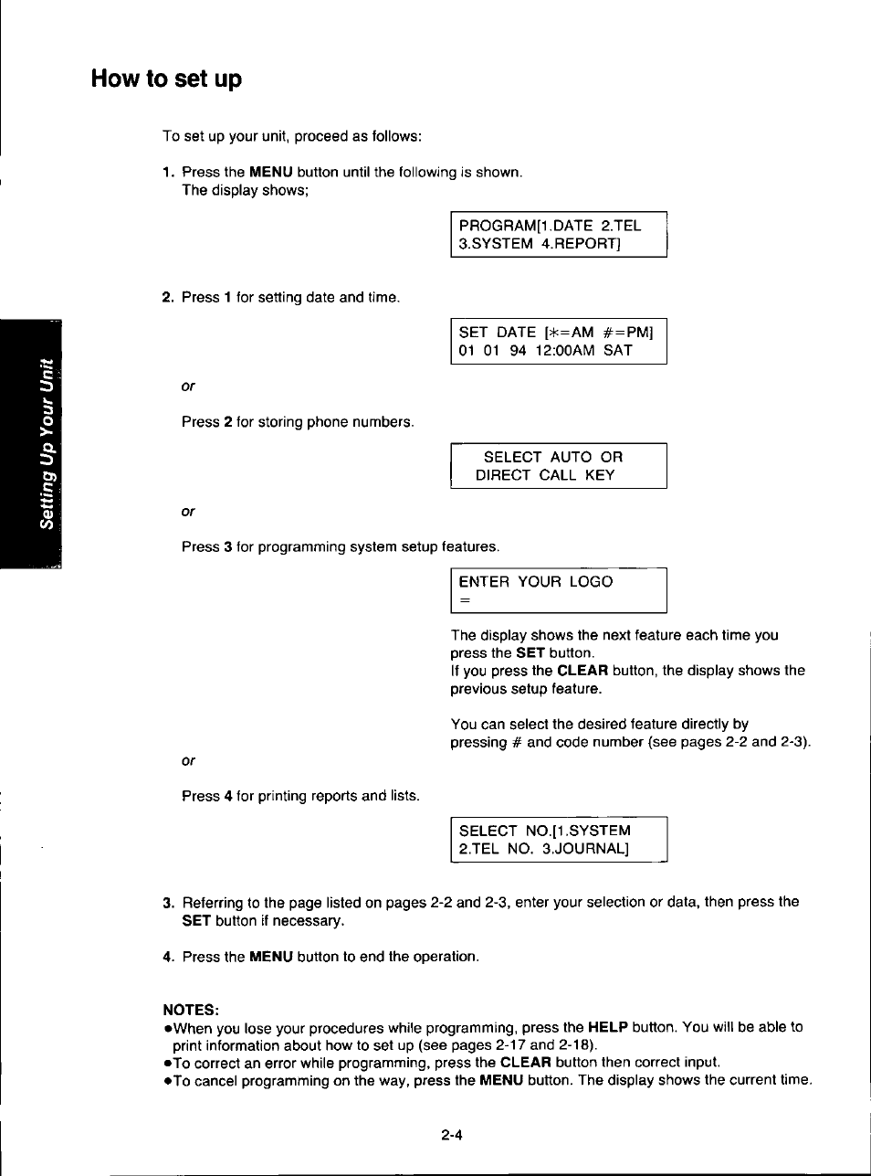 How to set up, Notes, How to set up -4 | Panasonic KX-F280C User Manual | Page 32 / 152