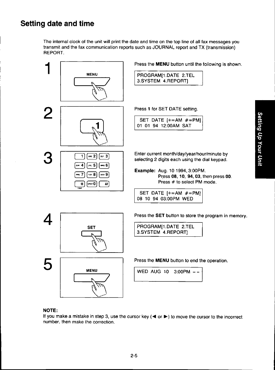 Setting date and time, Note, Setting date and time -5 | Panasonic KX-F280C User Manual | Page 33 / 152