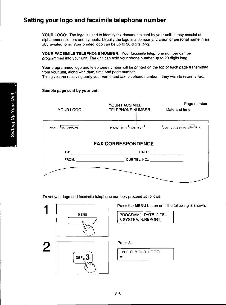 Setting your logo and facsimile telephone number | Panasonic KX-F280C User Manual | Page 34 / 152