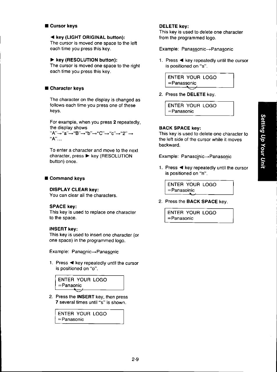 Cursor keys, Key (light original button), Key (resolution button) | Character keys, Command keys, Display clear key, Space key, Insert key, Delete key, Back space key | Panasonic KX-F280C User Manual | Page 37 / 152