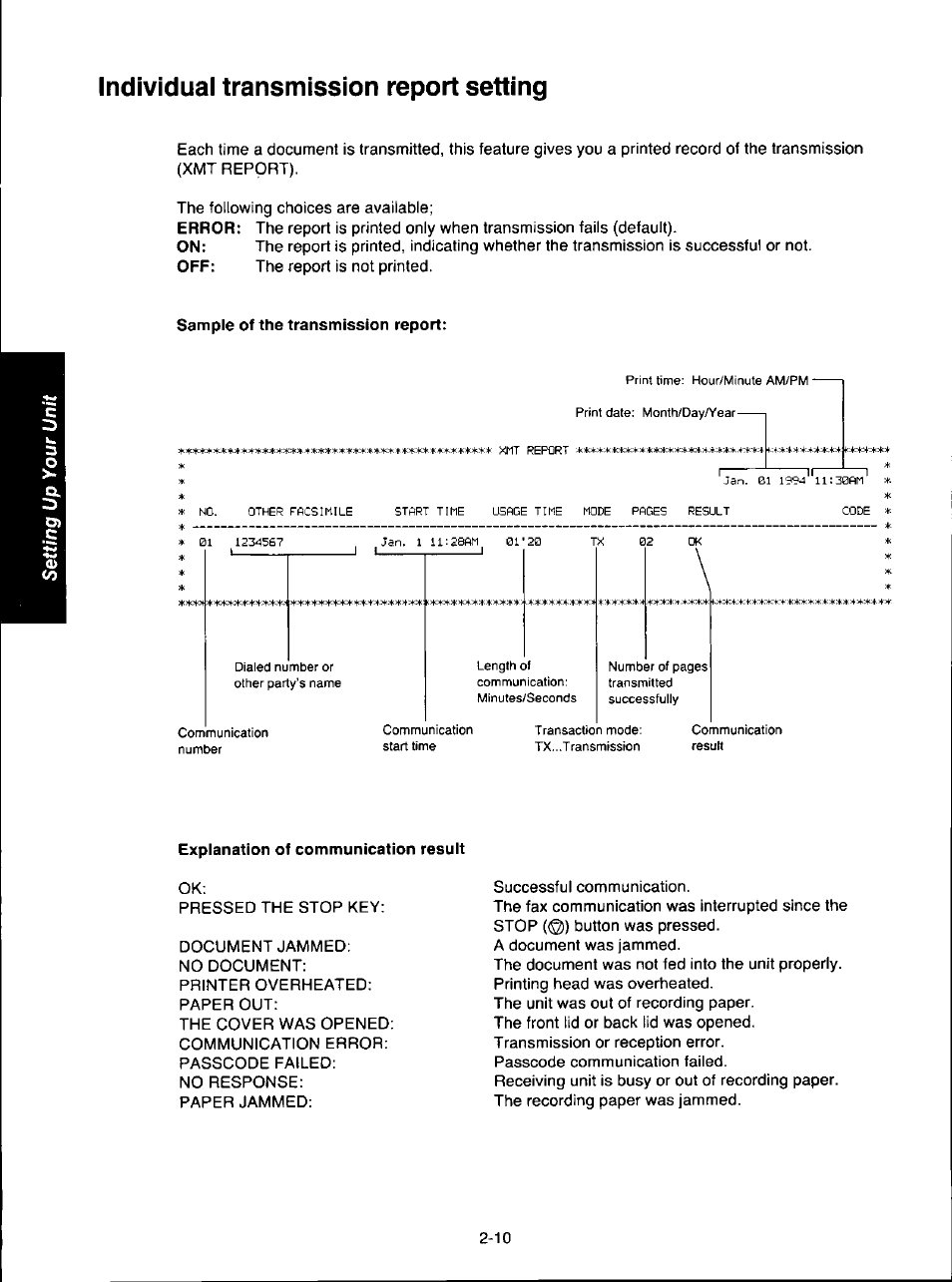 Individual transmission report setting, Sample of the transmission report, Individual transmission report setting -10 | Panasonic KX-F280C User Manual | Page 38 / 152