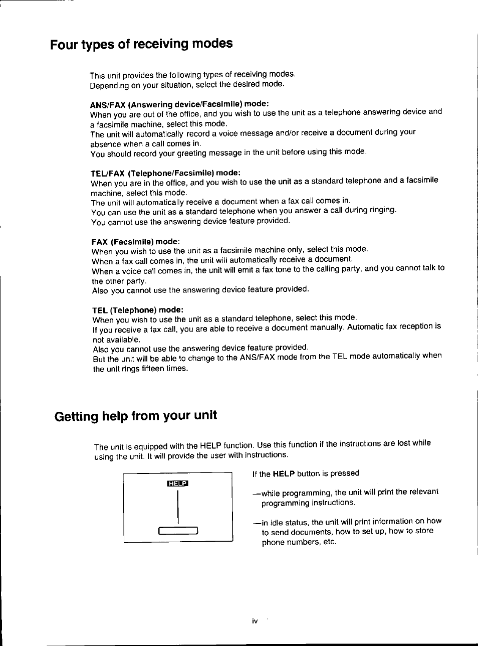 Four types of receiving modes, Ans/fax (answering device/facsimile) mode, Tel/fax (telephone/facsimile) mode | Fax (facsimile) mode, Tel (telephone) mode, Getting help from your unit | Panasonic KX-F280C User Manual | Page 4 / 152