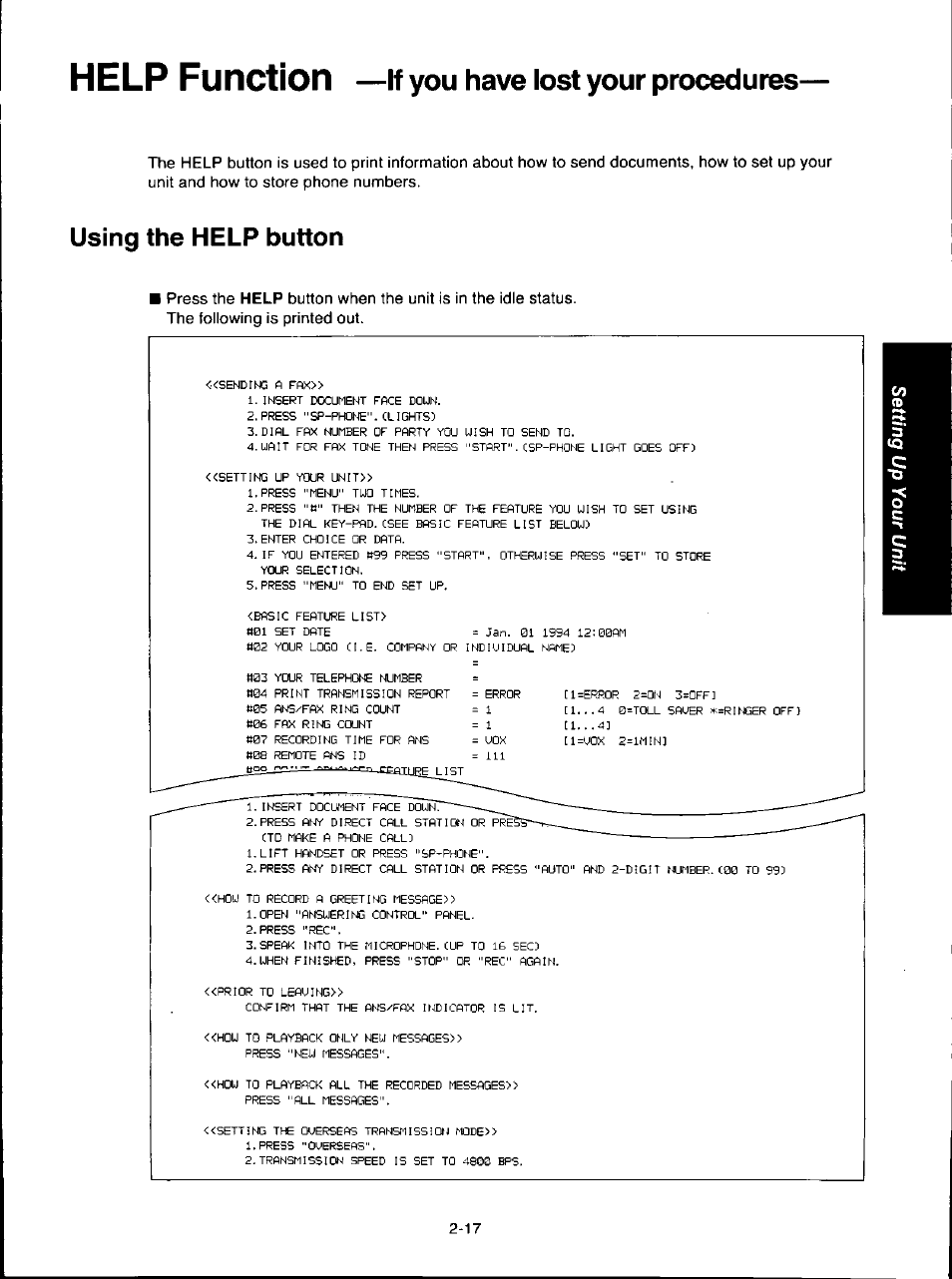 Help function, If you have lost your procedures, Using the help button | Panasonic KX-F280C User Manual | Page 45 / 152