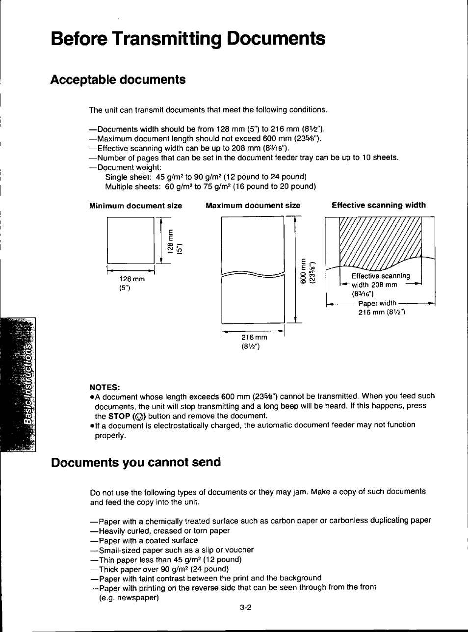 Before transmitting documents, Acceptable documents, Minimum document size | Notes, Documents you cannot send, Before transmitting documents -2, Acceptable documents -2, Documents you cannot send -2 | Panasonic KX-F280C User Manual | Page 48 / 152